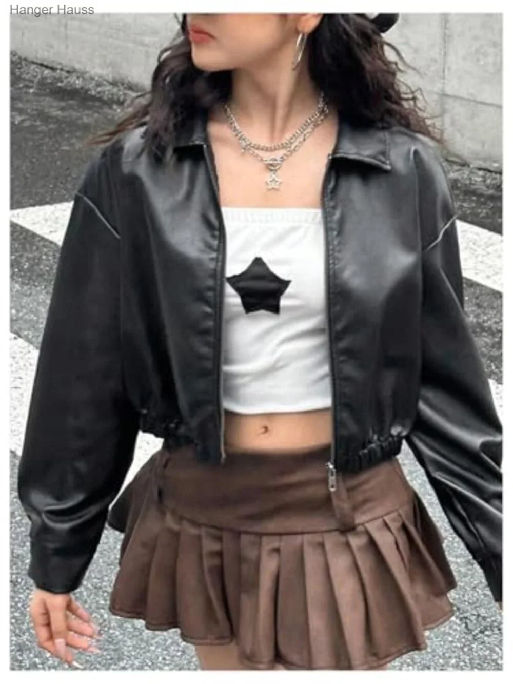 Girls Oversized Faux Leather Jacket Zip Up Collared Biker Coat Fall Winter